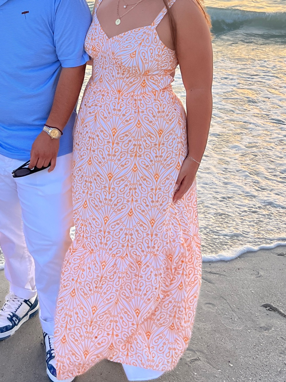 LOFT White Maxi Dress with orange Botanical Print worn once